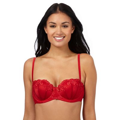 Red floral embroidered diamante balcony bra